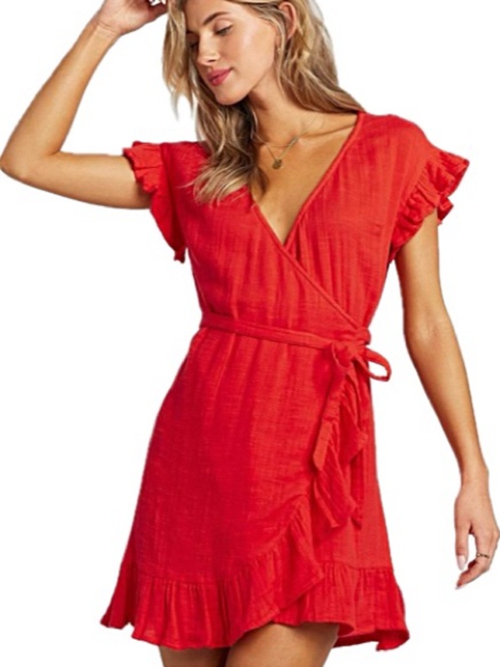 Billabong Red Wrap it up Ruffle Dress Size Small Flutter Sleeve Cotton Gauze